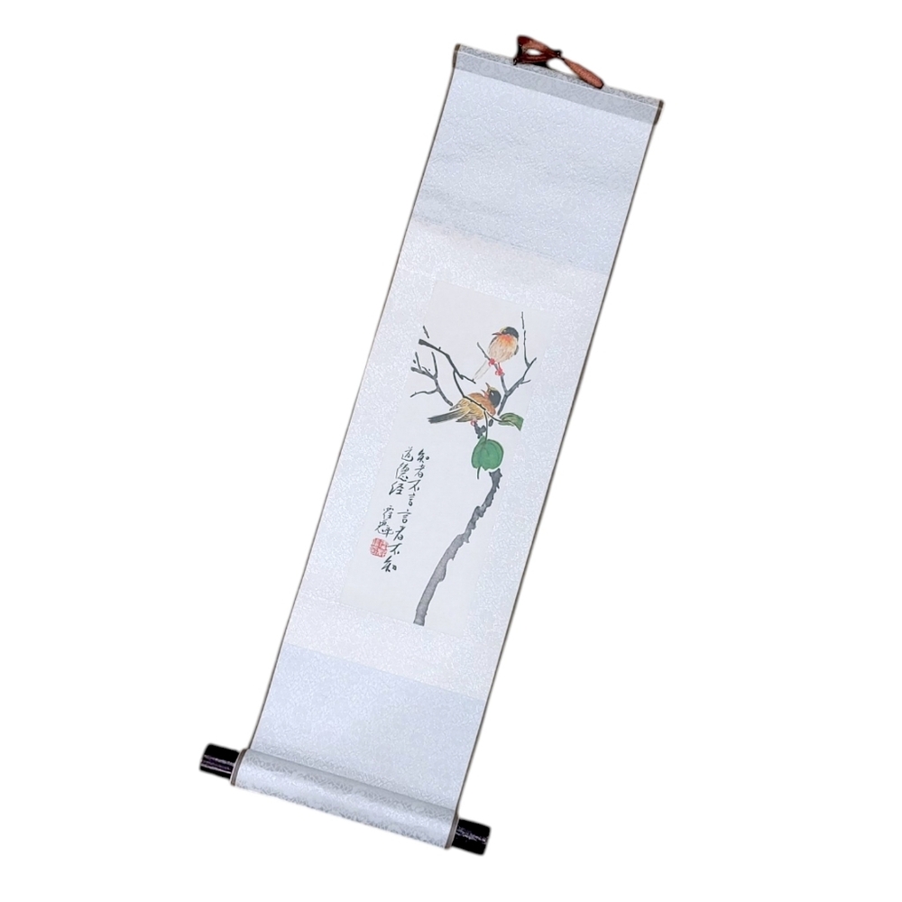 Traditional Japanese Hand Painted Bird Wall Scroll Silk Brocade Silver Boarder
